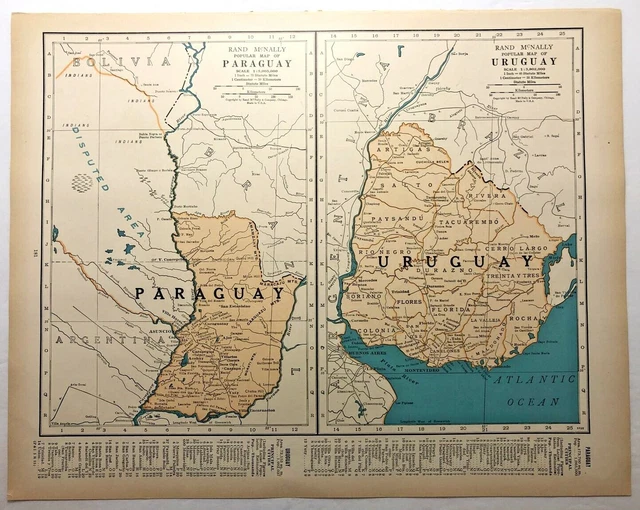 1937 Vintage PARAGUAY & URUGUAY Atlas Map Antique Rand McNally World Atlas
