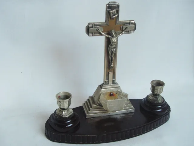 Rare ancien crucifix / Bénitier sur socle de style Art déco
