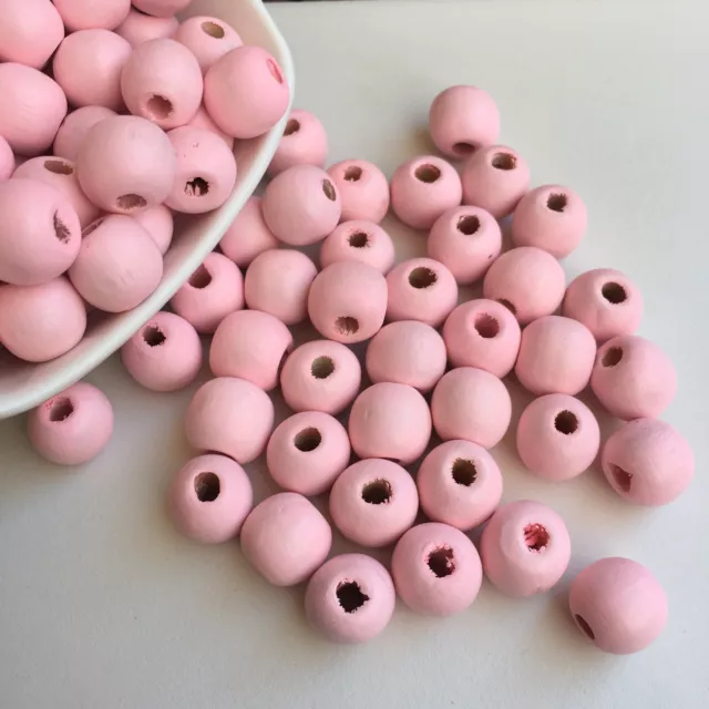 25X Pieces Wood Beads 14x13mm Baby Pink Round Craft Wooden Macrame Bead 4mm Hole