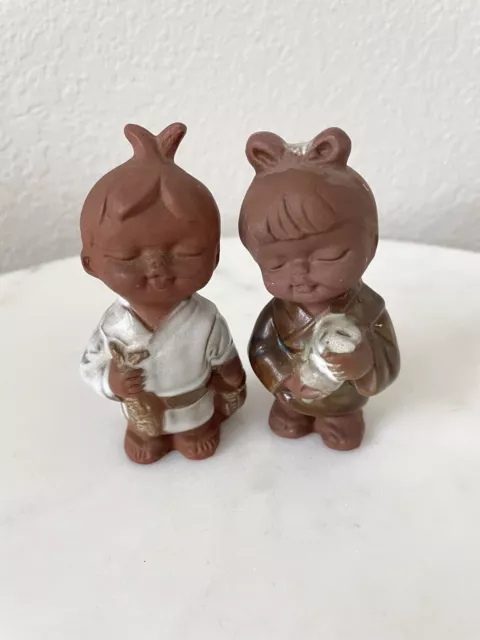 VTG UCTCU Pottery Japan Red Clay Figurines Boy w Fish & Girl w Pet Kawaii