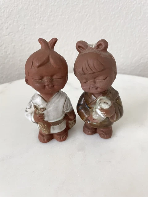 VTG UCTCU Pottery Japan Red Clay Figurines Boy w Fish & Girl w Pet Kawaii