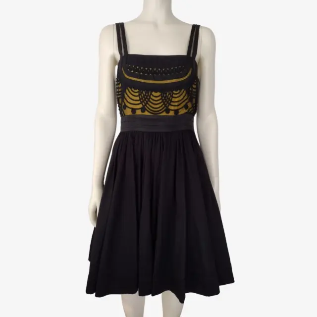 Floreat Anthropologie Black Yellow Smocked Back Fit and Flare Dress Size 4