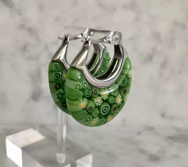 Green Murano Style Basket 1.50" Hoop Earrings Flower Design Stainless Steel 