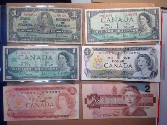 World Currency Canada Canadian 1937-1986 Issues George VI Elizabeth II Set $1 $2
