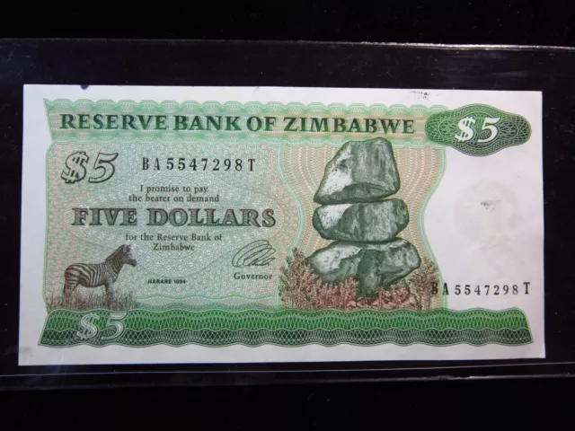 ZIMBABWE $5 DOLLARS 1994 UNC P2d Type I Zebra Reserve Bank RHODESIA 7298# MONEY