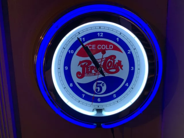 Pepsi Cola 5Cents Soda Fountain Bar Man Cave BLUE Neon Wall Clock Sign