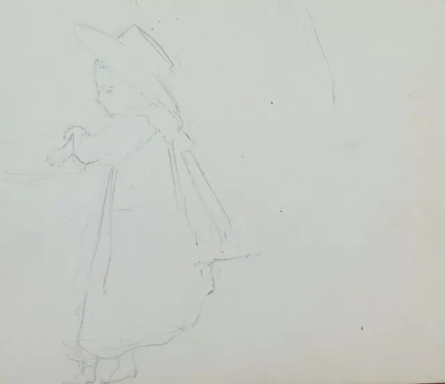 Disegno Antico Matita Su Carta Bozzetto Schizzo Ritratto Di Bambina Bm53.5F