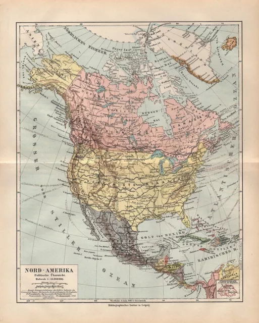 Nordamerika politische Übersicht LANDKARTE 1899 Vereinigte Staaten Canada