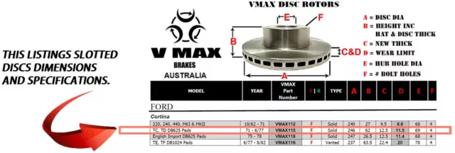 SLOTTED VMAXJ fits FORD Cortina TC TD DB625 Pads 71-77 FRONT Disc Brake Rotors 2