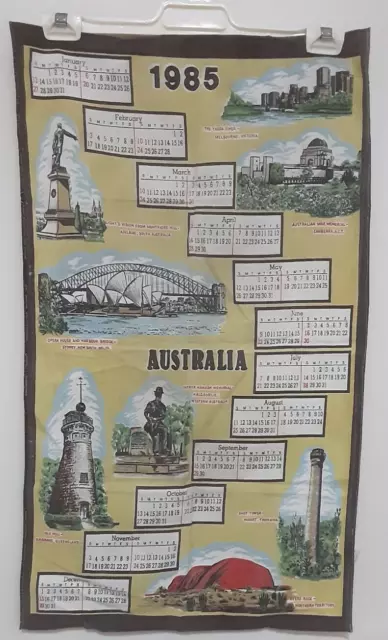 Vintage cotton tea towel 1985 Calendar Australian landmarks motifs-kitchenalia