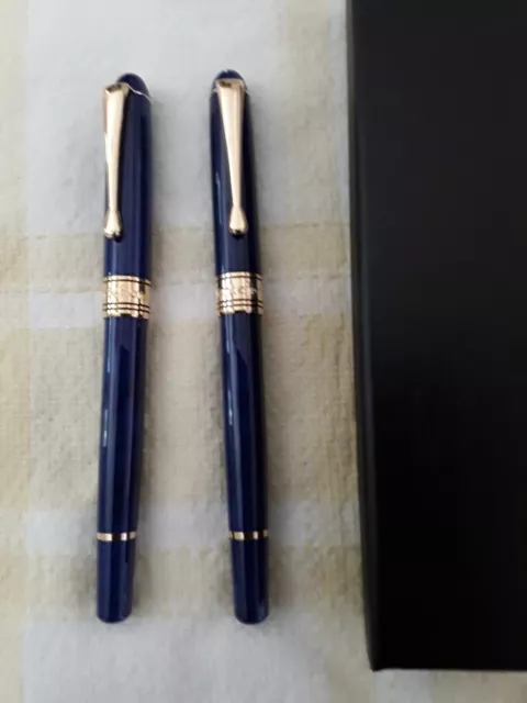 2 Montefiore Blue Marble Pens.  Set of 1 ROLLERBALL and 1 FOUNTAIN pen.