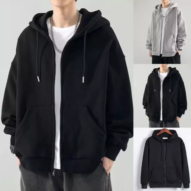 Mens Long Sleeve Hooded Jacket Coat Classic Sweatshirt Tops Solid Color