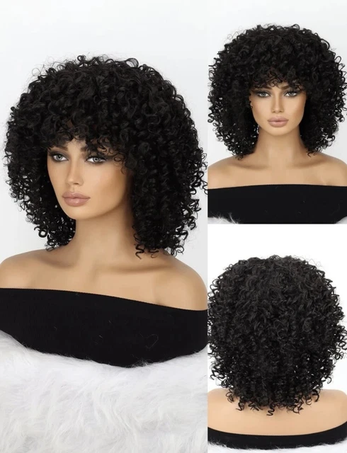 Perruque Synthétique Afro Courte Bouclée Noir - 35 Cm - Bonnet Moyen + 4 Bonnets Offerts