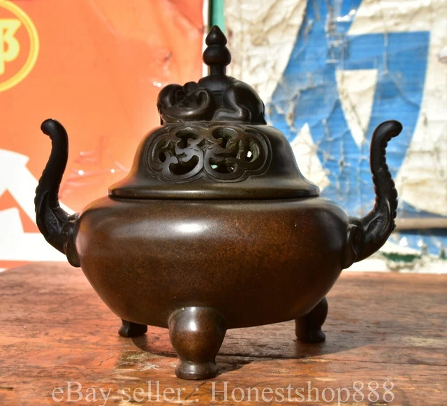 7.6" Ming Xuande Chinese Pure Bronze Dynasty Elephant censer incense burner