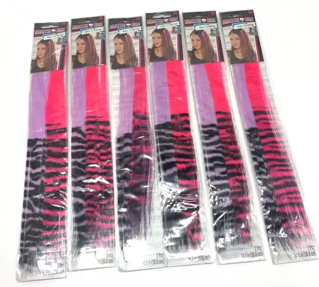 6 NEW Girls Monster High HOT PINK+PURPLE Hair Extensions HALF LEOPARD Party