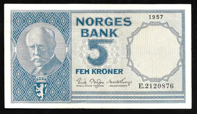 World Paper Money - Norway 5 Kroner 1957 Prefix E P30c @ Crisp XF+