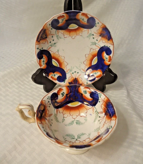 Colorful Antique Staffordshire Gaudy Welsh Cup & Saucer Grapes c. 1840