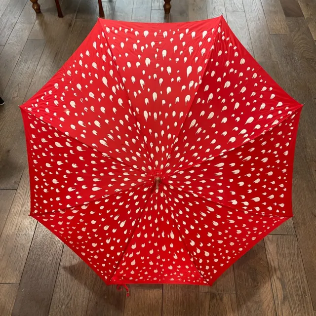 Umbrella Rain Sun Red with White Raindrops Wood Look Handle VINTAGE