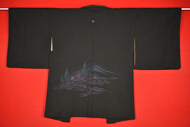 Vintage Japanese Kimono Silk Antique BORO Black HAORI Kusakizome Woven/B687/545