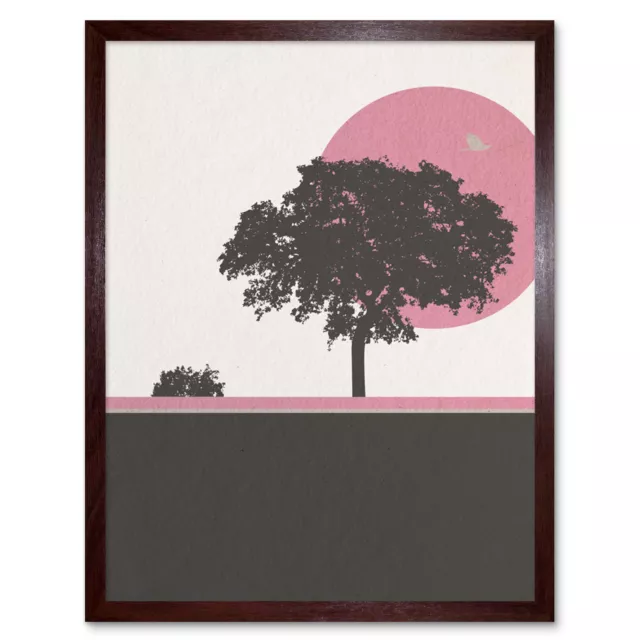 Tree Silhouette Elm Pink Pale Beige Nature Wall Art Print Framed 12x16