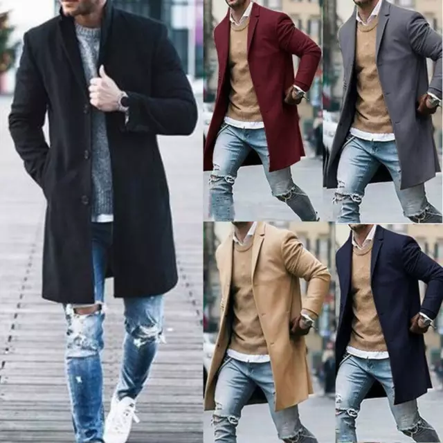 Men's Trench Coat Outwear Overcoat Casual Long Sleeve Button Jacket Winter Warm