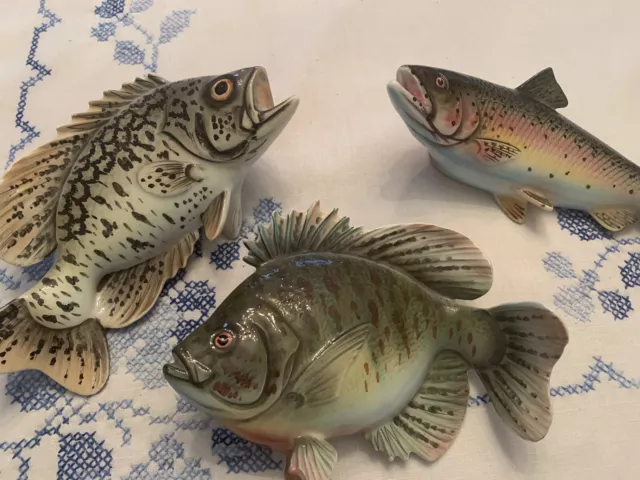 Three Vintage Ceramic Lefton Hanging Pocket Wall Fish