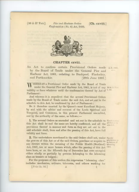 Antique Act of Parliament Pier Harbour Buckpool Portknockie 1893 politics 2