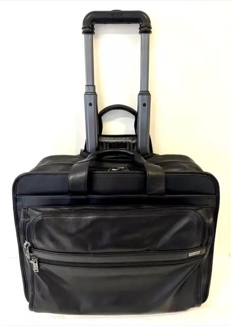 Tumi Black Leather Wheeled Briefcase w/ Removable Laptop Case Telescoping Handle