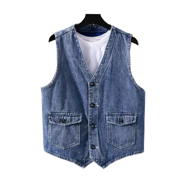 Uomo Jeans Canotta Cargo Vintage Bottoni Gilet Estate Top Sciolto Casual Da