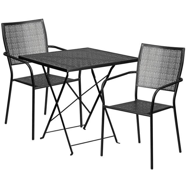 28in Square Metal Folding Patio Table Set with 2 Square Back Chairs Black