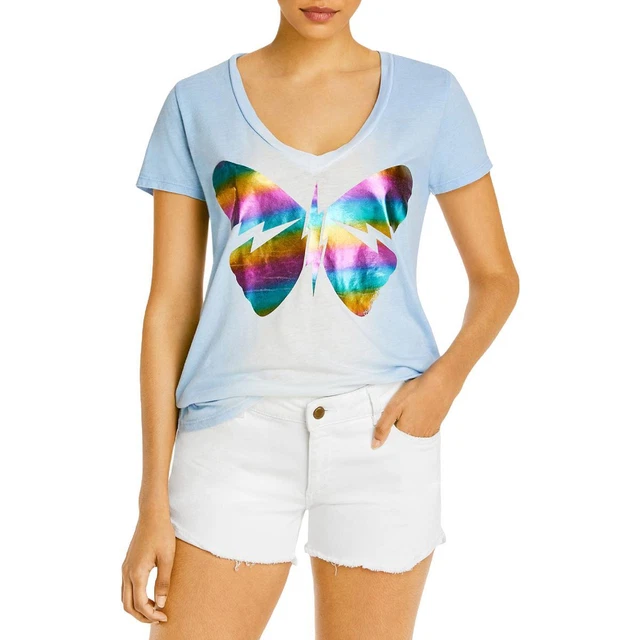 Lauren Moshi Womens Blue Metallic V-Neck Tee Graphic T-Shirt Shirt S  5933