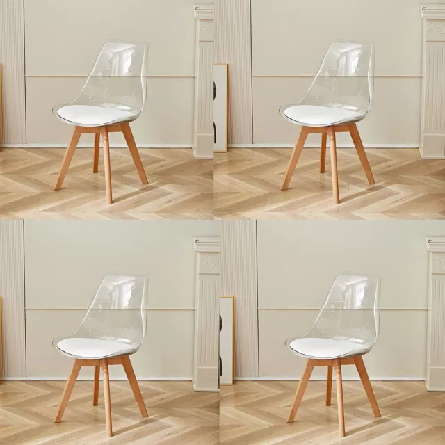 4x Transparent Dining Chairs Designer Chairs Wooden Legs Office Kitchen White