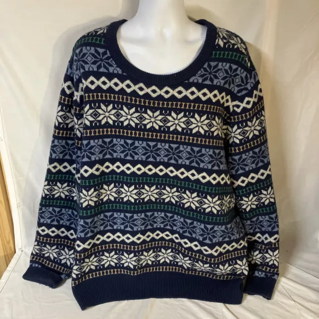 Lands End Mens Ski Sweater Nordic Fair Isle 3XL XXXL Wool Blend Blue Multicolor