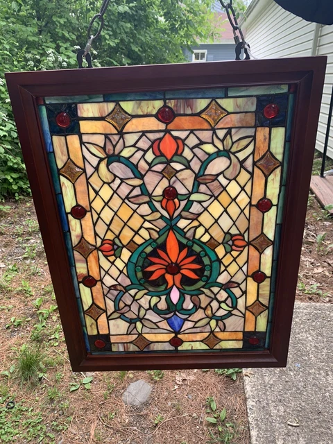 Stained Glass And Jeweled Handmade Window With Eastlake Floral Design