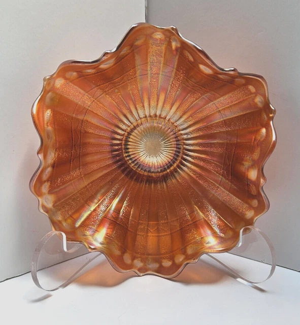 FENTON CARNIVAL GLASS Stippled Ray/Scale Band Footed Bowl Marigold6.5