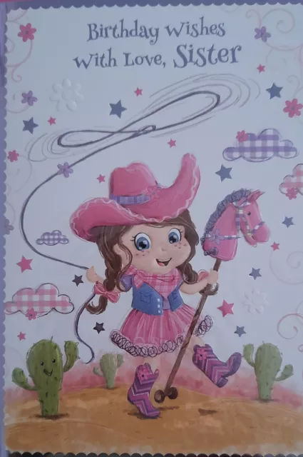 Sister Birthday Card - Girl - Embossed - Cute Cowgirl Theme - Envelope - Wrapped