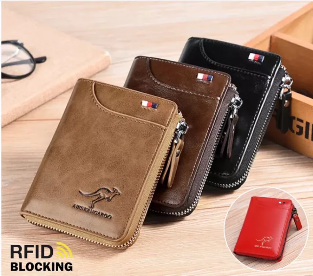 Mens RFID Blocking Leather Wallet Credit Card ID Holder Zipper Purse Waterproof.