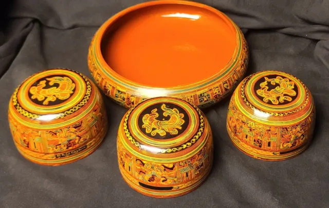 Antique 4 Burmese Lacquerware Bowls Rooster, Orange, black, multicolor