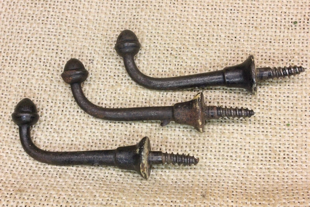 3 Old Single Coat Hooks Farm School House Acorn End Black Paint Vintage 1850’s 2
