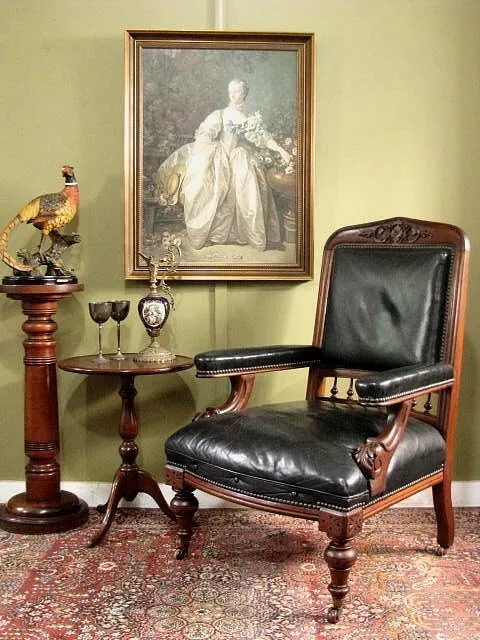 ANTIQUE MAHOGANY AND LEATHER ARMCHAIR / CHAIR ~ FINE CARVING, SPINDLES   c1880s