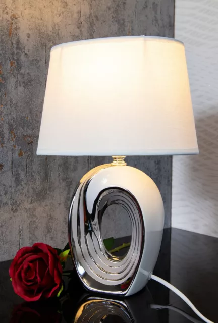 Lampe weiß silber Nachttischlampe Leuchte Keramik Tischlampe Tischleuchte 35cm