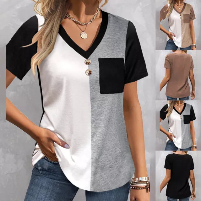 Damen Knopf V-Neck T-Shirt Sommer Freizeit Hemd Printed Kurzarm Tunika Oberteile