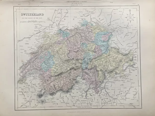 1871 Switzerland Fully Hand Coloured Original Antique Map by Joshua Archer