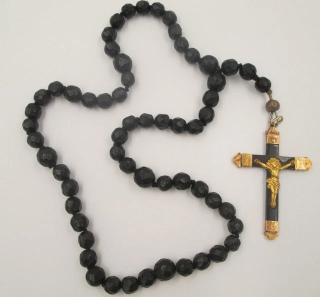 19th Antique 18k Yellow Gold Crucifix & Jet Rosary 16" 47 Grams 1850s SPAIN