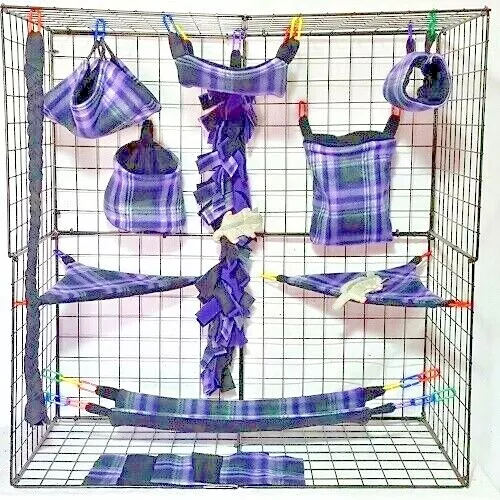 Lt Purple Black Plaid*15 PC Sugar Glider Cage set * Rat * double layer Fleece