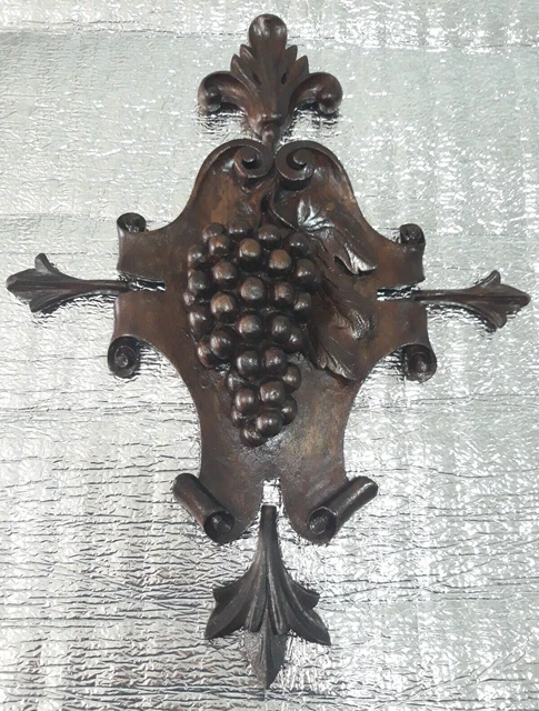 Antique French Hand Carved Wood Bunch Of Grapes Plaque Pediment Fronton