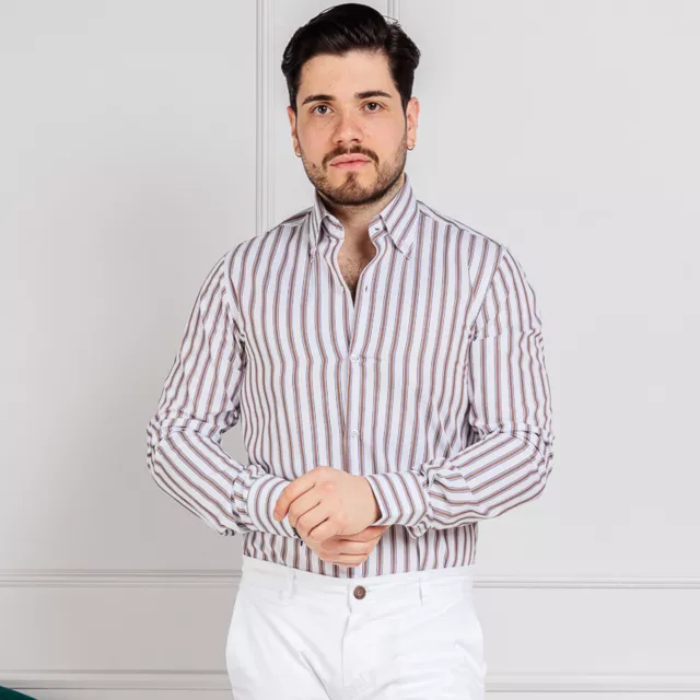 Camicia Uomo Manica Lunga Collo Button Down Fantasia Righe Made in Italy Casual