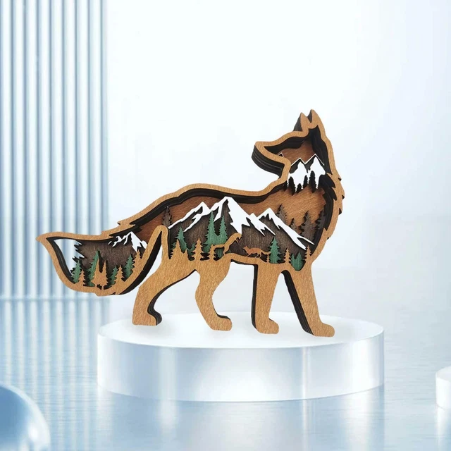 Statue de renard en bois Sculpture Animaux Figurines Étagère de vitrine Home