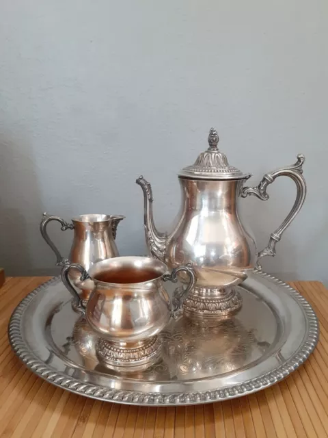 WmRogers silver coffee tea set pot creamer sugar Leonard Silverplate round tray