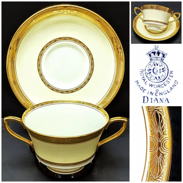Royal Worcester DIANA Cream Gold Encrusted Footed Bouillon Cup & Saucer Set